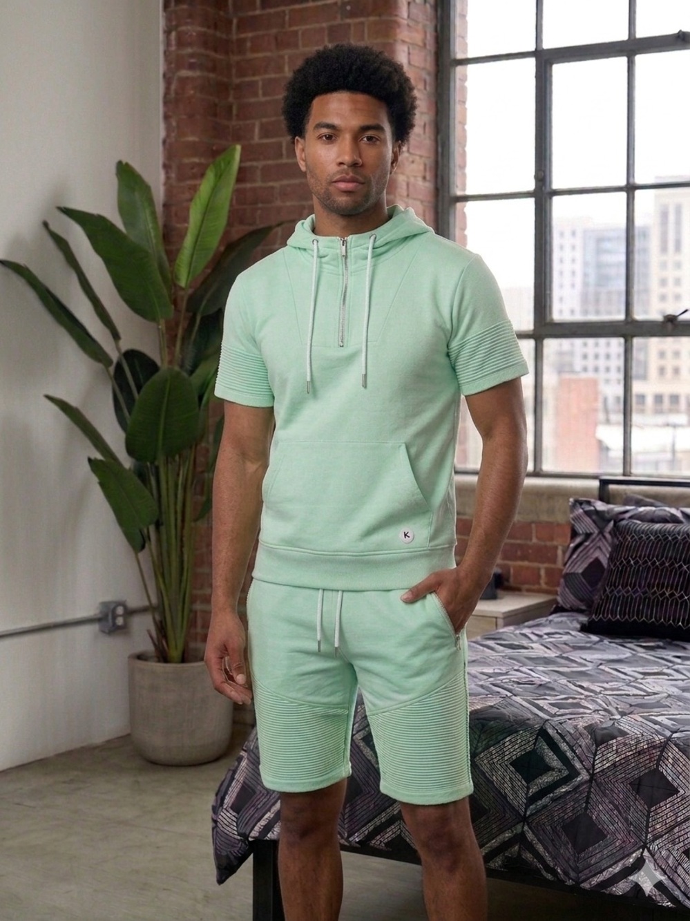 Men's Mint Short-Sleeve Hoodie and Short Set